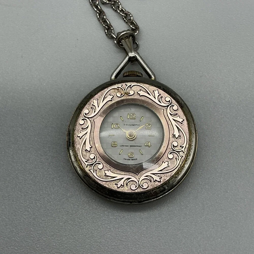 Vintage Triumph Watch Pendant Women 34mm Silver Gold Tone Manual Wind Chain